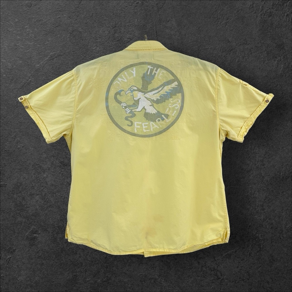 Akoo Shirt‎ Mens 3XL Yellow Embroidered Button Up Hip Hop Streetwear Cotton